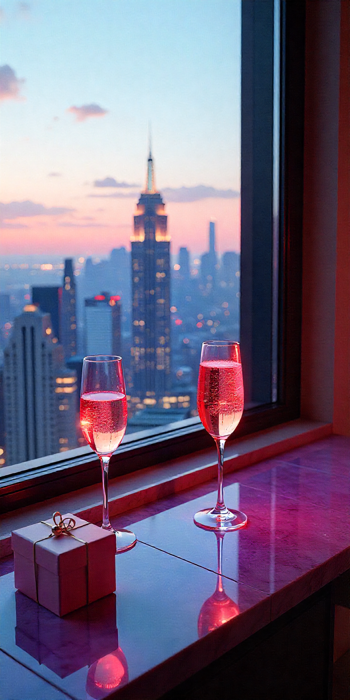 Two champagne glasses on a windowsill with city skyline view