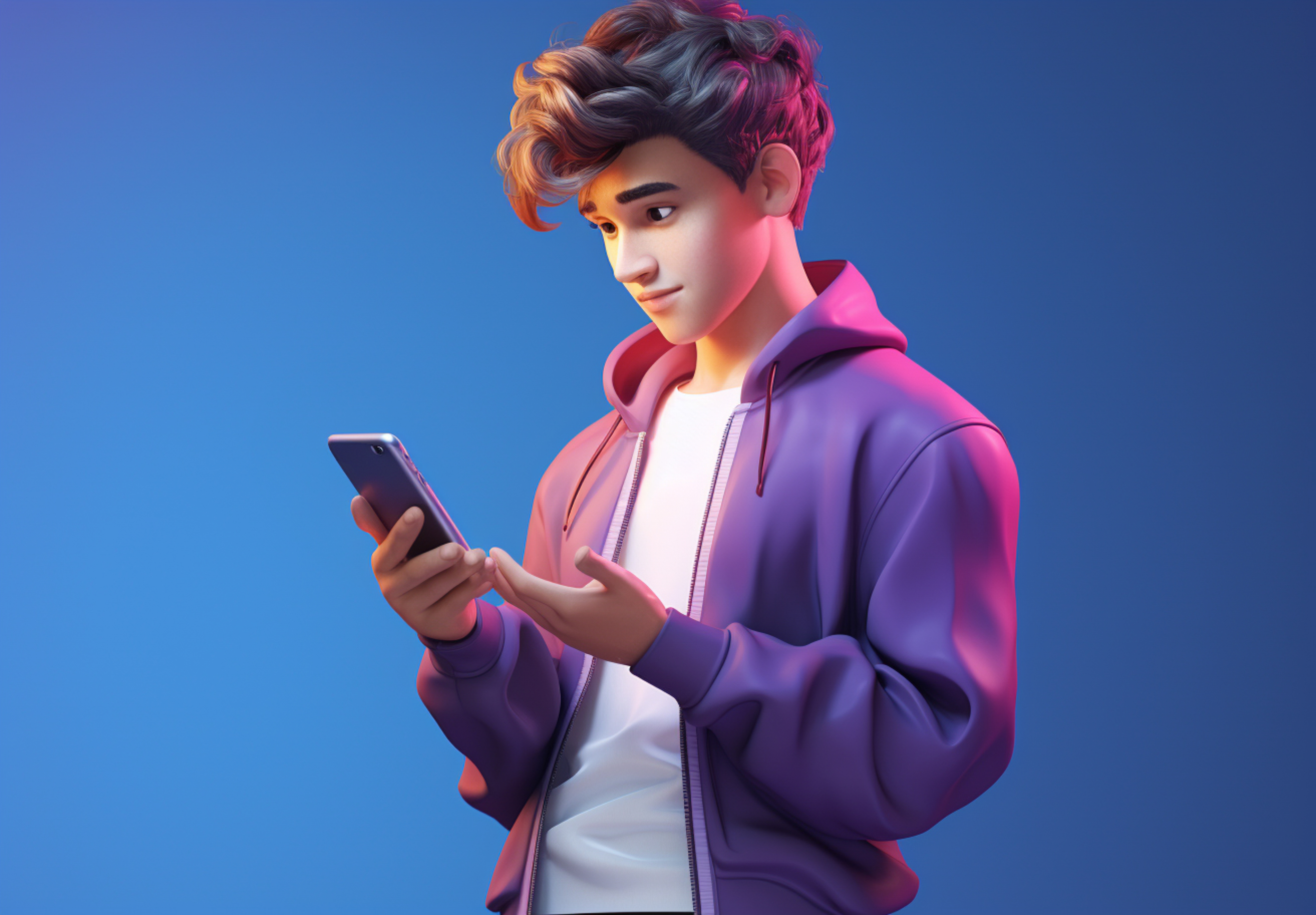 3D character with colorful hair holding a phone